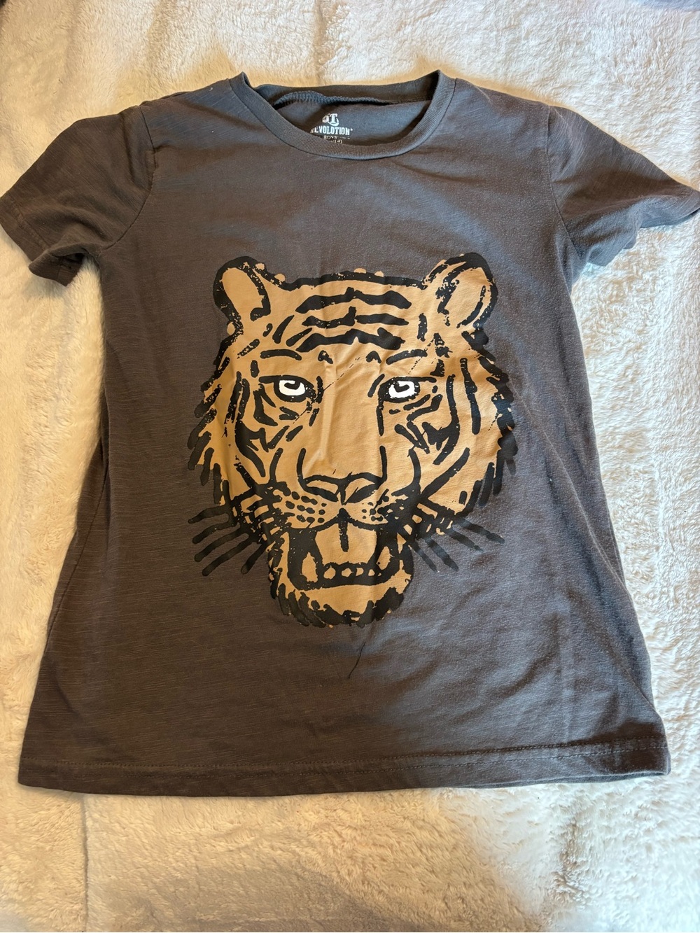 Revolution Gray Tee with Tan & Black Tiger Graphic - Short Sleeve
